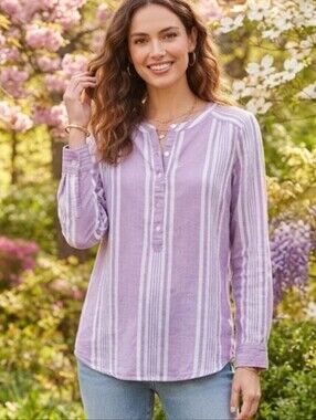 D&CO Purple Linen Blend Striped Henley Top w/ Pockets